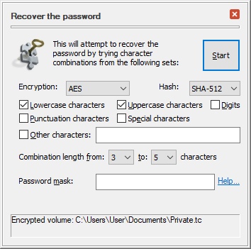 The password recovery options screen of Password Cruncher 