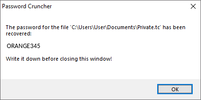 The result of password recovery by Password Cruncher